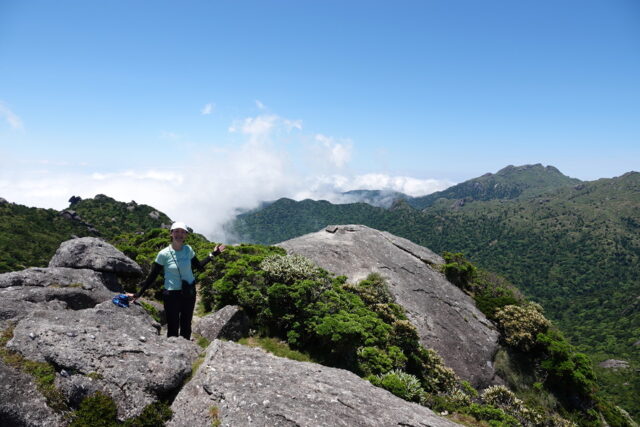 站在黑味岳山頂岩場上的登山者與雲海