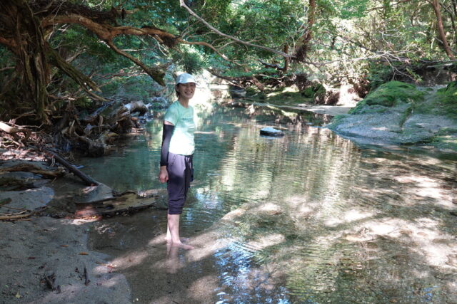 屋久島のパワースポット、森の中を流れる清流で自然のエネルギーを感じる女性。