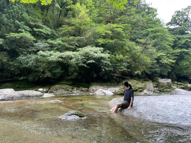 ヤクスギランドの清流で川遊びを楽しむ様子