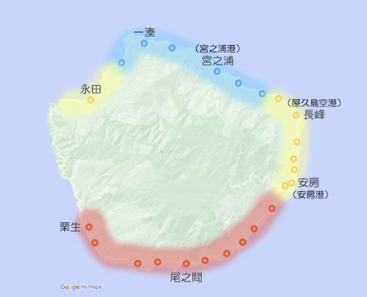 屋久島の地図、送迎範囲