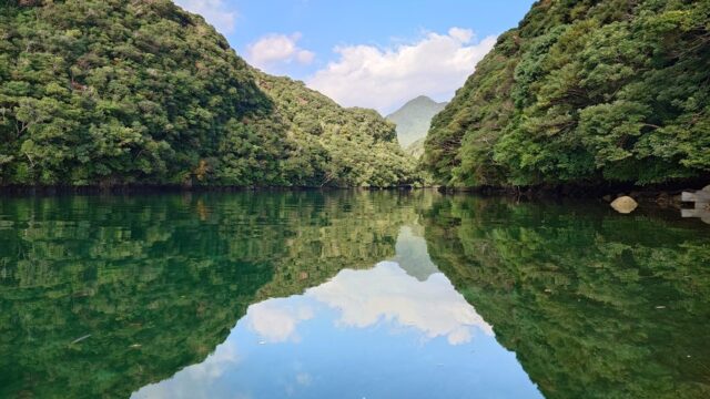 カヤックに乗って穏やかな水面を漕いでいる人の風景、自然の中でのアウトドア活動