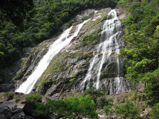 屋久島・蛇之口滝の全景と迫力ある二筋の滝
