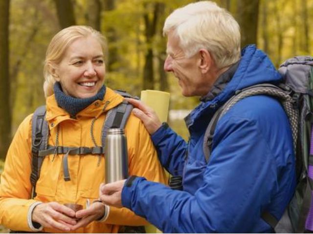 秋の黄色い林道で、水筒を手に休憩しながら談笑する登山スタイルのシニアカップル。