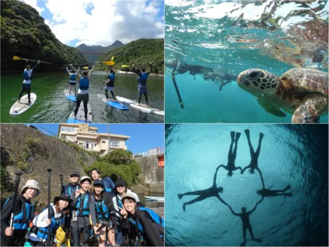 屋久島でのSUPやシュノーケリングを楽しむ様子をまとめた4枚のコラージュ写真。