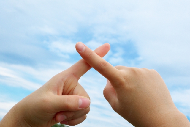 青空を背景に、両手の人差し指を交差させて「バツ（NG）」のポーズを作る様子