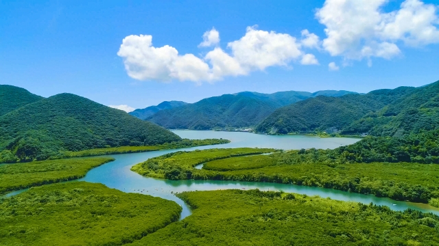 奄美大島の緑豊かな谷を流れる川とその周囲の山々を映した空からの眺め