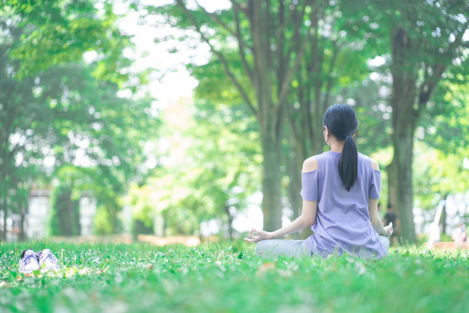 木漏れ日が差す緑の中でヨガをする女性の後ろ姿